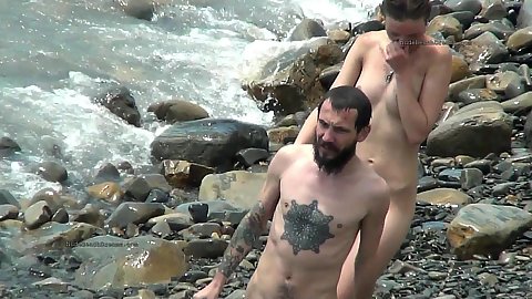 Small chest hairy twat nudist naturist outside by the beach walking around