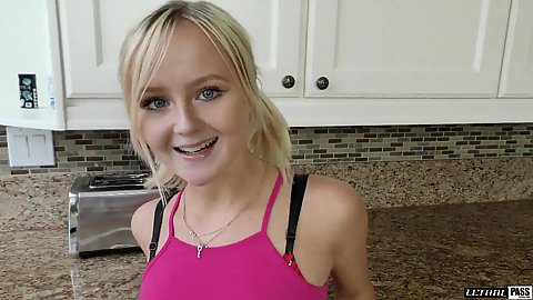 Smiling spunky skinny blonde teen Natalia Queen drops down for pov oral cock sucking in the kitchen