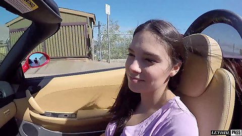 Brunette teen slut Violet Starr driving around in the car of an older man who she wants to bang