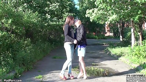 Tattooed Brunette Chick with Friend Make Romance Outdoors