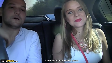 Backseat driving with amateur teen Sofi Goldfinger allowing us to touch her breasts for extra cash