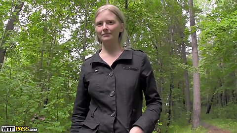 Blonde girlfriend Evelina Juliet heading out for a walk to a park and a lake outdoors