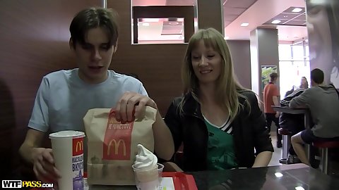 Blonde petite girl Kayla picked up by stranger for first date in mcdonalds hmm quite romantic if you wonna fuck her later