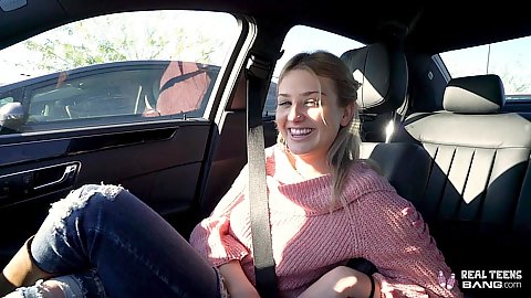 Good looking babe in different ways banging by meaty cock of stranger on back seat inside car.