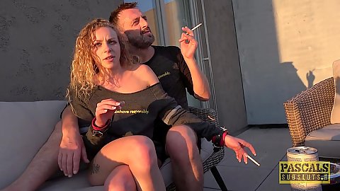 Angel Emily enjoying a well deserved smoke after sex in a behind the scenes after sex chat