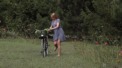Polka dot brunette Kaisa Nord riding her bicycle outdoors reaching her man and givin ghim head with boobies pulled out of her dress