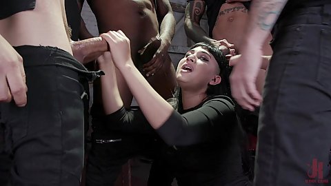 Petite trimmed snatch natural body raven haired Nenetl Avril in for a large cock gang bang brutal slave mouth and throat mistreatment with bondage punishment