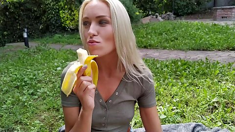 Blonde no bra wearing nipples showing through shirt stepsister in denim shorts Angelika Grays eating banana outdoors and hanging