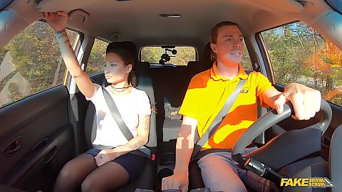 Driving school instructor has a brunette pupil willing to learn the stick method Sanny Luke