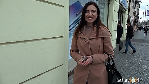 Approaching a smiling euro teen Kira Axe in public offering her to be in a first sex video if she fills out an application