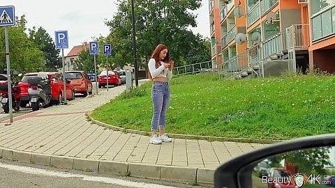 Outdoors on the european street with redhead in sexy jeans using her phone lost in public Ginebra Bellucci we offer her a chance to be famous in her sex video and pick her up