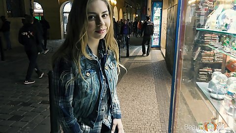 Outdoors on the public streeet hanging out at night with amateur cute teen Julia Red giving some quick head in pov too