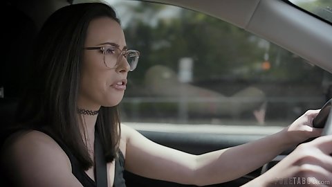 Nerdy brunette in glasses driving a car going to meet her friend and have a very intimate conversation Casey Calvert