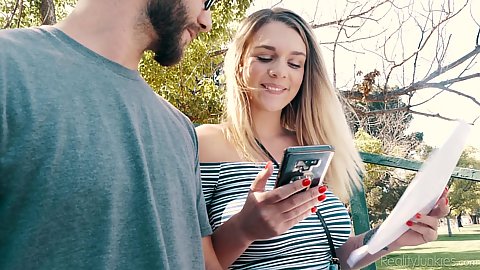 Outdoors in public with blonde clothed girl Gabbie Carter showing some info and then baring natural boobies with big areola and sagging breasts