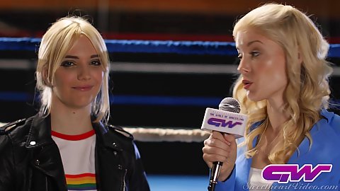 New reporter taking an exclusive interview from prime fighting champion and lesbian chocking wrestling at the gyms boxing ring Sinn Sage and Ariel X