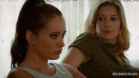 Two girls sitting home with one of them just being dumped by her boyfriend Charlotte Stokely and Gia Paige slowly they begin sapphic loving