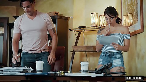 Shorts wearing brunette teen Gina Valentina doing some work with her coworker when things explosed and he ends up with a finger in her twat