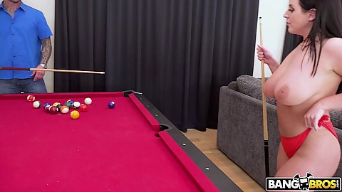 Big juggs milf cmnf in red panties playing some billiards and Angela White and sitting on man with big booty