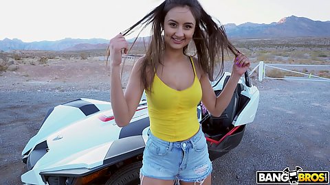 Cute lokoing awesome teen in public going for a topless convertible car ride flashign her breasts to all strangers on the road Eliza Ibarra and taking shower after