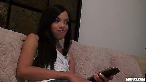 Latina gf Taylor Luxx watching some tv and showing small teen tits