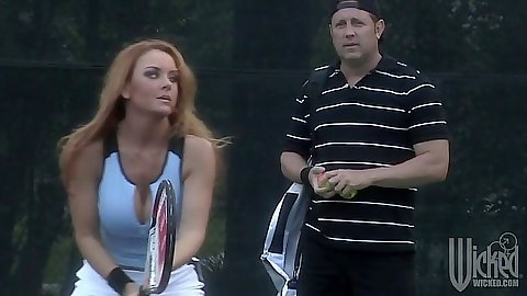 Outdoor tennis practice with Janet Mason getting fingered after